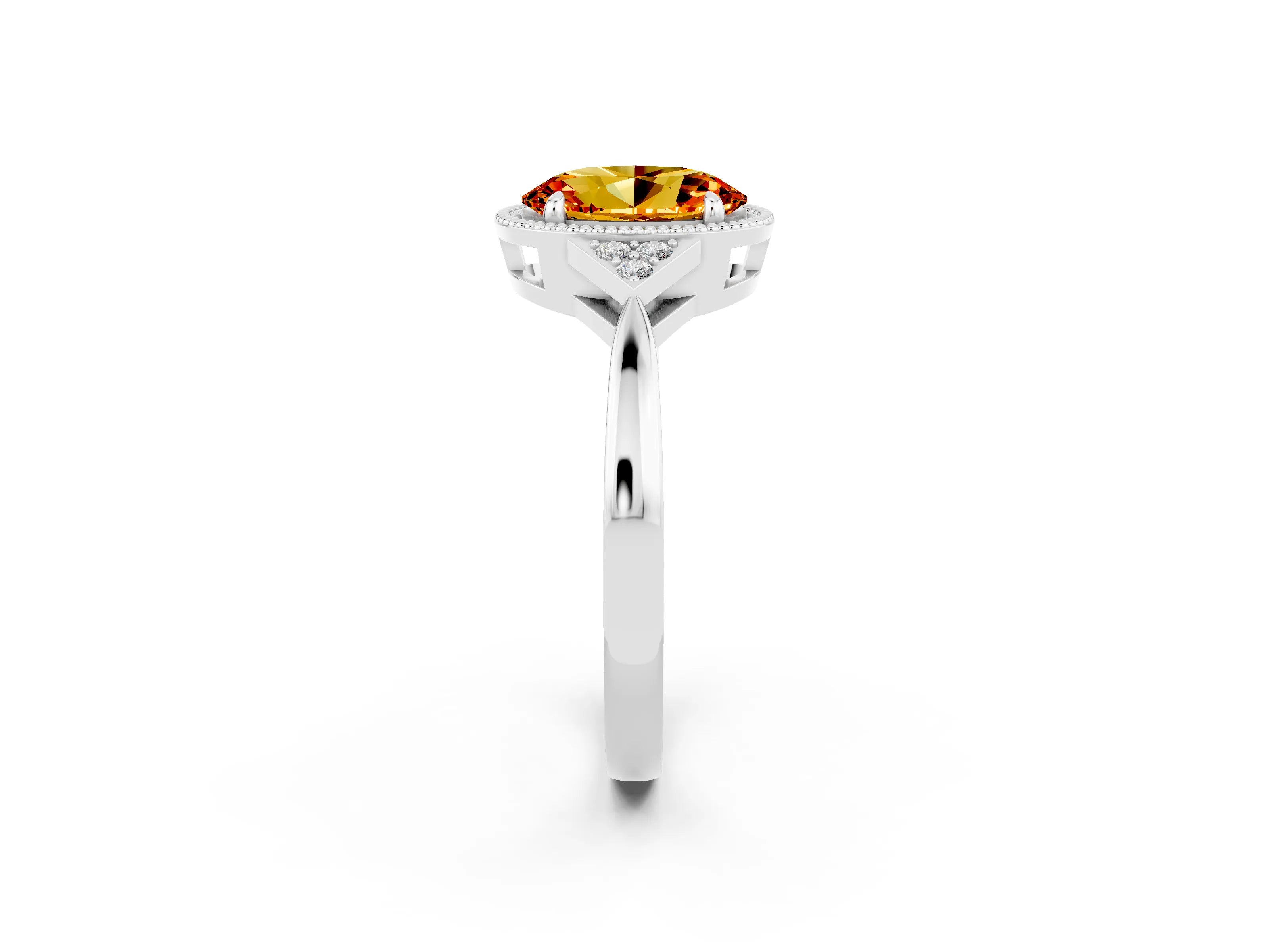 White gold Oval Cut Citrine Halo Ring with Tapered Band and Four-Prong Setting_2