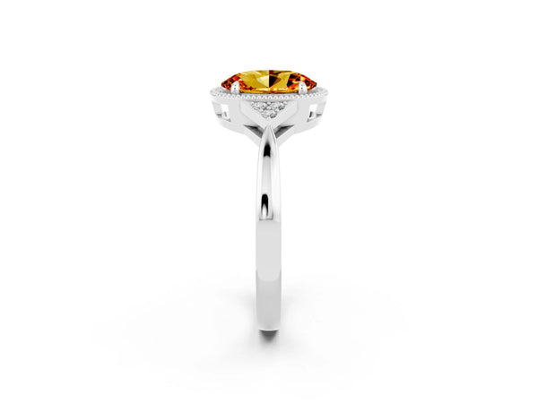 White gold Oval Cut Citrine Halo Ring with Tapered Band and Four-Prong Setting