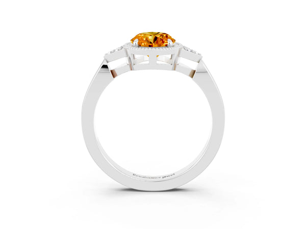 White gold Oval Cut Citrine Halo Ring with Tapered Band and Four-Prong Setting