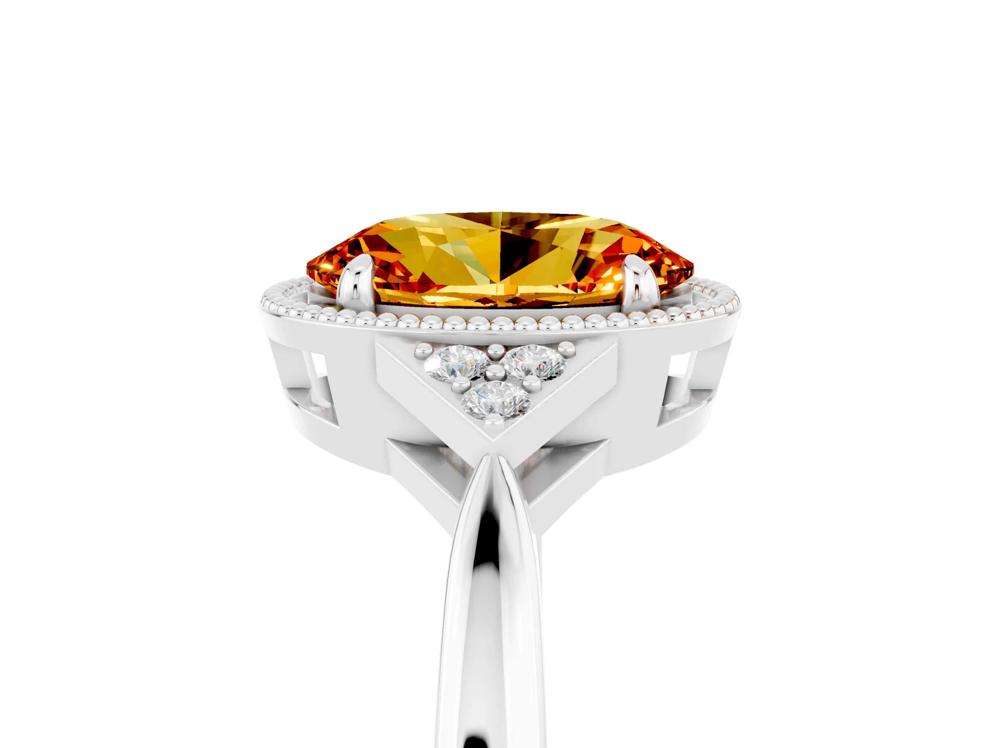 White gold Oval Cut Citrine Halo Ring with Tapered Band and Four-Prong Setting_5