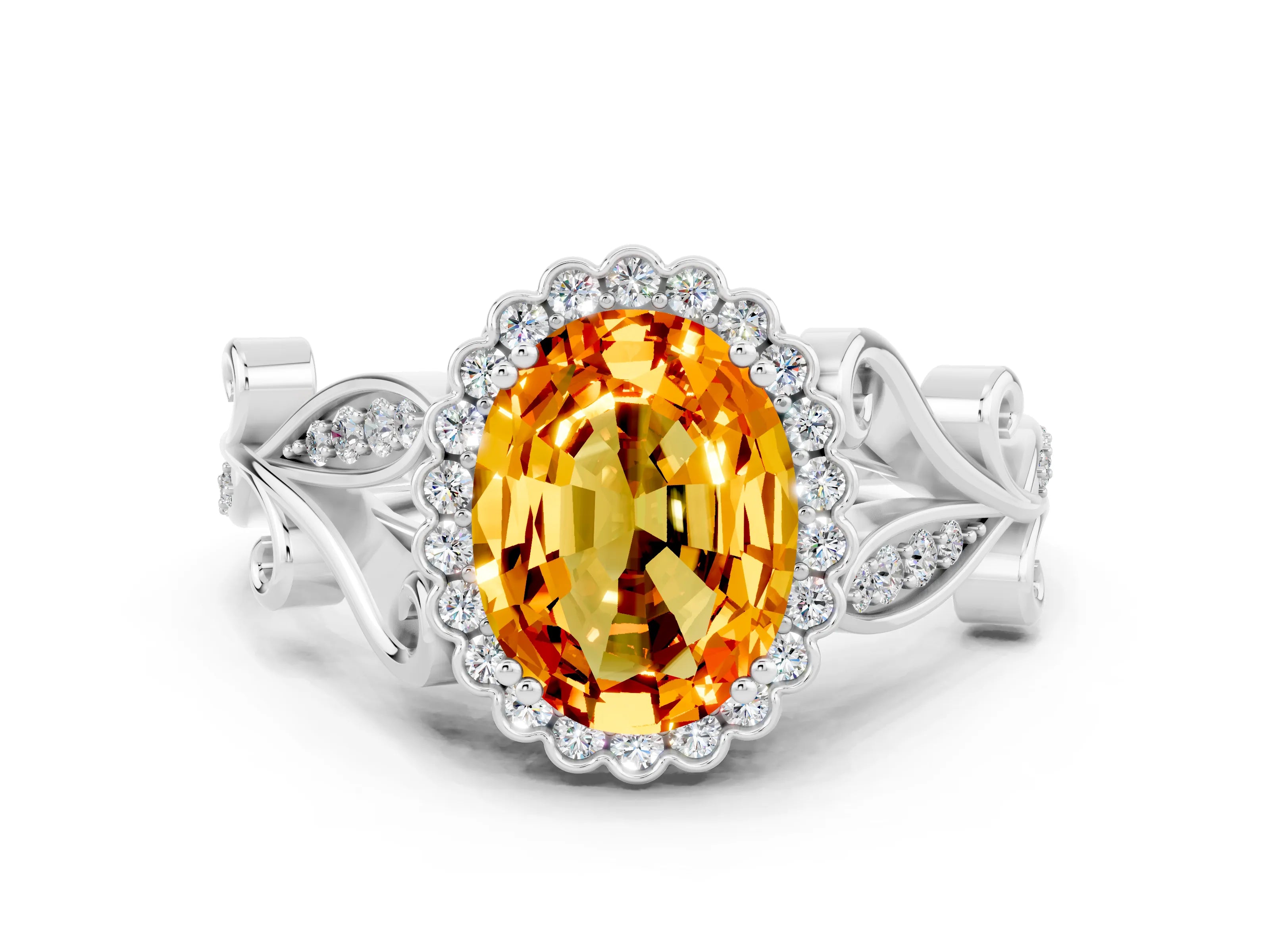 White gold Oval Cut Citrine Halo Ring with Vintage Split Shank and Four-Prong Setting_24