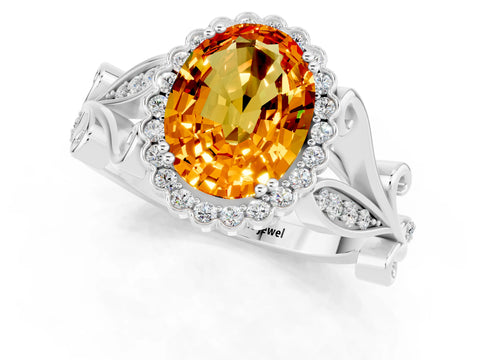 White gold Oval Cut Citrine Halo Ring with Vintage Split Shank and Four-Prong Setting_25