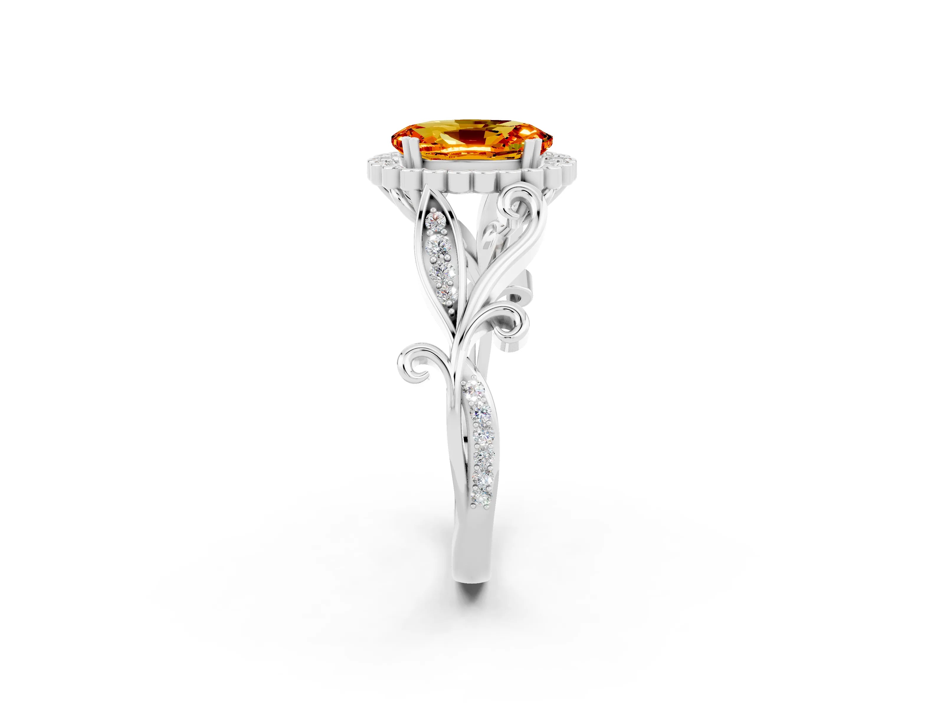 White gold Oval Cut Citrine Halo Ring with Vintage Split Shank and Four-Prong Setting_26