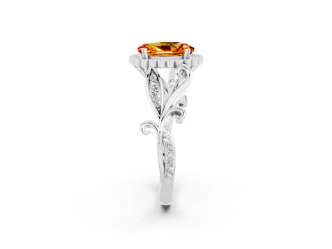 White gold Oval Cut Citrine Halo Ring with Vintage Split Shank and Four-Prong Setting_26