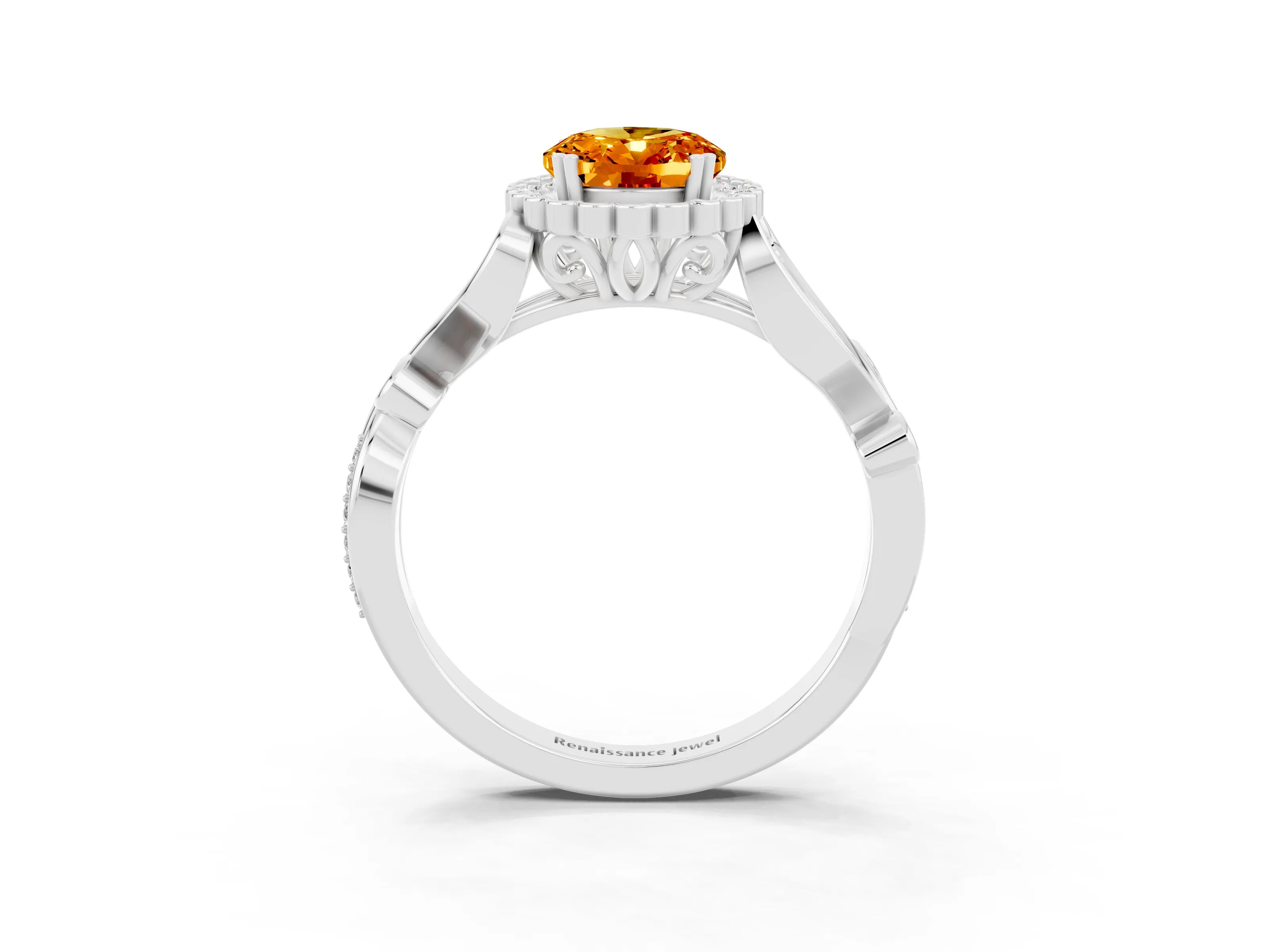 White gold Oval Cut Citrine Halo Ring with Vintage Split Shank and Four-Prong Setting_27
