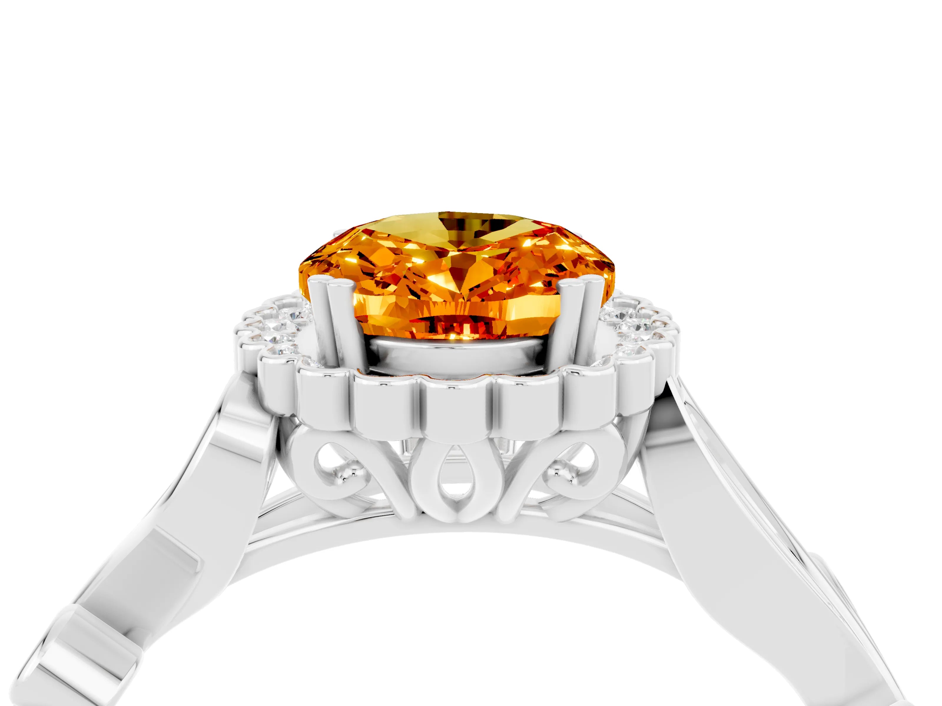 White gold Oval Cut Citrine Halo Ring with Vintage Split Shank and Four-Prong Setting_28
