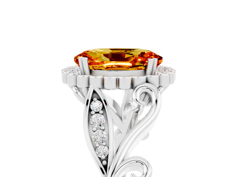 White gold Oval Cut Citrine Halo Ring with Vintage Split Shank and Four-Prong Setting_29