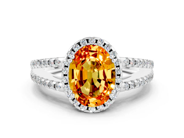 Platinum Oval Cut Citrine Halo Split Shank Engagement Ring