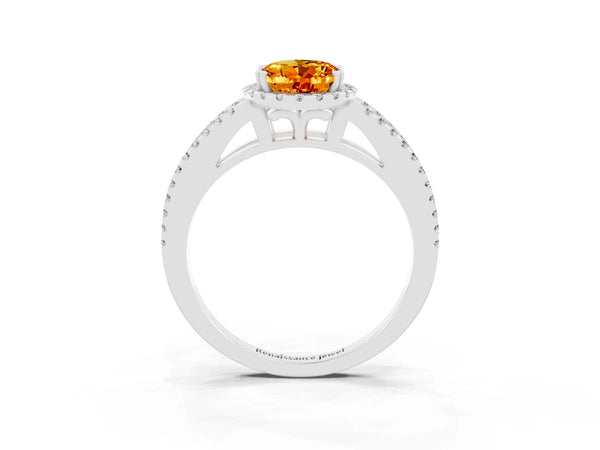 White gold Oval Cut Citrine Halo Split Shank Engagement Ring