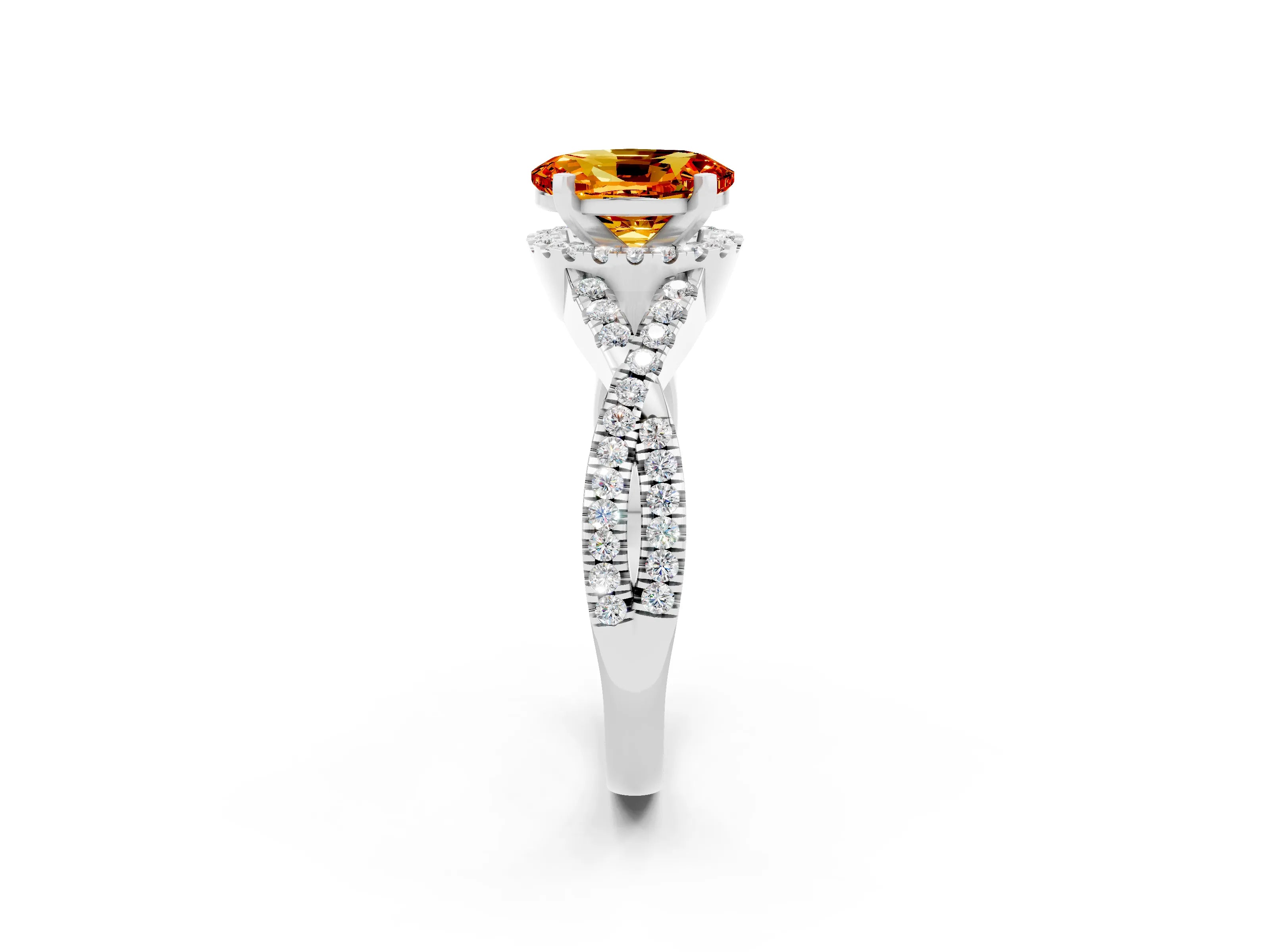 White gold Oval Cut Citrine Halo Twist Band Solitaire Prong Setting Ring_2