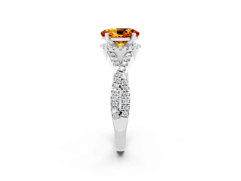 White gold Oval Cut Citrine Halo Twist Band Solitaire Prong Setting Ring_2