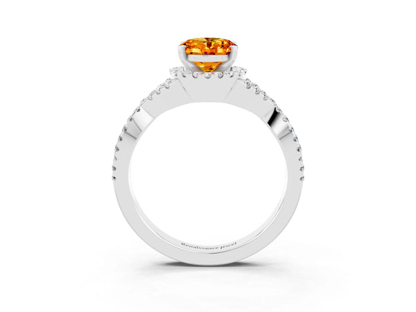 Platinum Oval Cut Citrine  Halo Twist Band Solitaire Prong Setting Ring