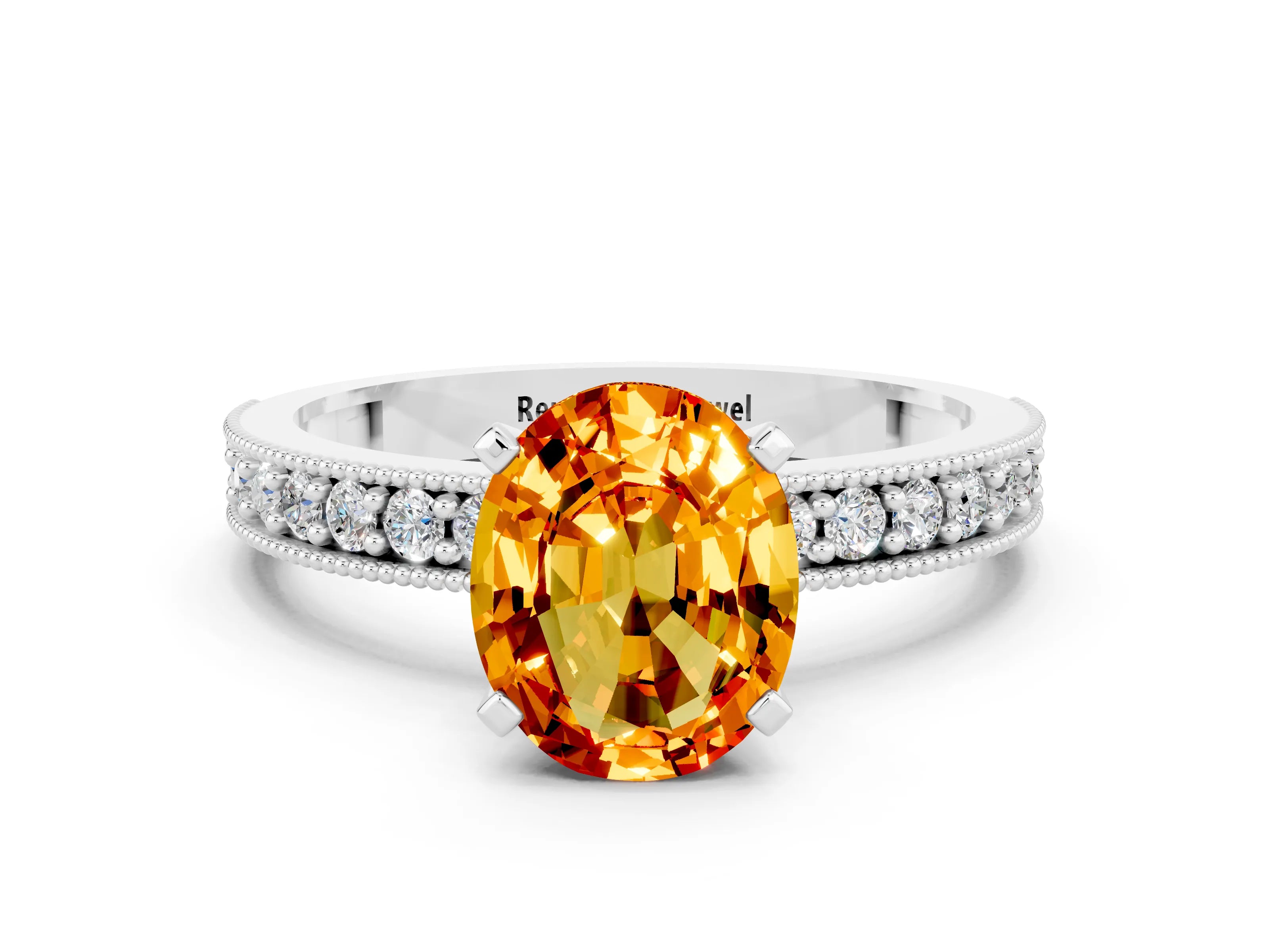 White gold Oval Cut Citrine Milgrain Pavé Engagement Ring with Four-Prong Setting_12