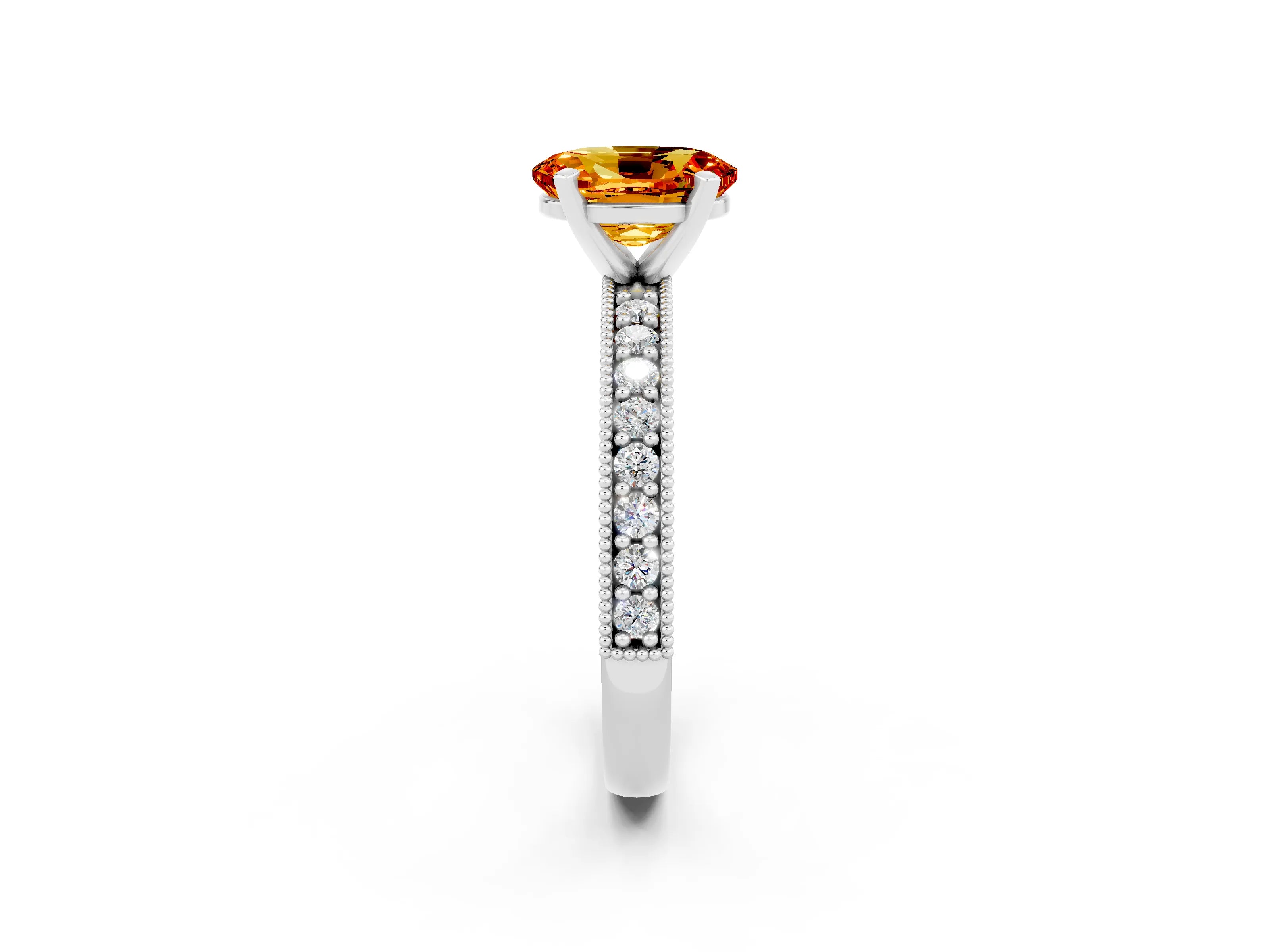 White gold Oval Cut Citrine Milgrain Pavé Engagement Ring with Four-Prong Setting_14