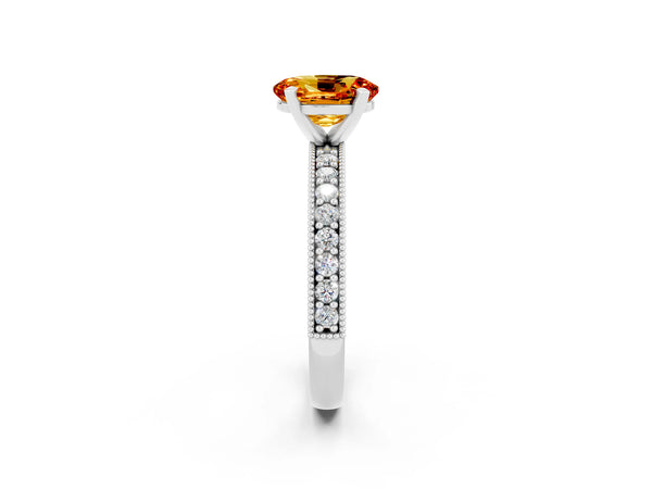 Platinum Oval Cut Citrine Milgrain Pavé Engagement Ring with Four-Prong Setting