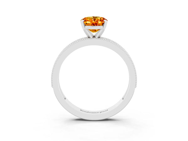 Silver Oval Cut Citrine Milgrain Pavé Engagement Ring with Four-Prong Setting