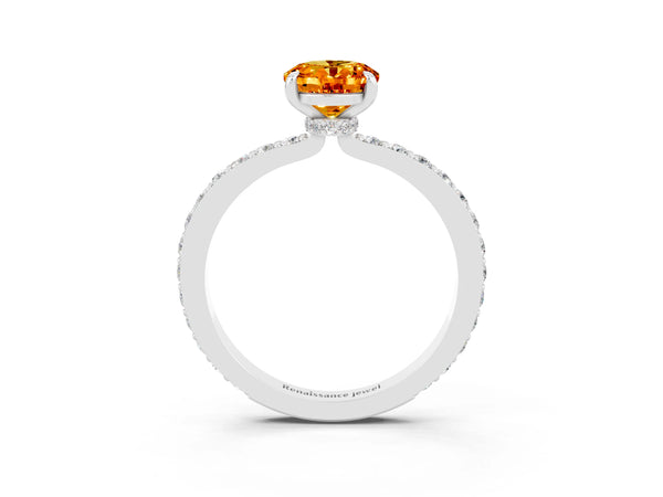 Platinum Oval Cut Citrine Pavé Engagement Ring with Round  Accents and Prong Setting