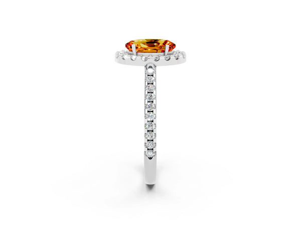 Platinum Oval Cut Citrine Pavé Halo Ring with Four-Prong Setting