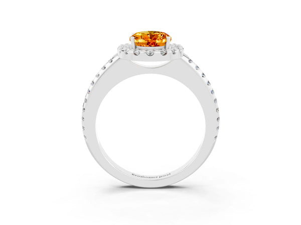 Platinum Oval Cut Citrine Pavé Halo Ring with Four-Prong Setting