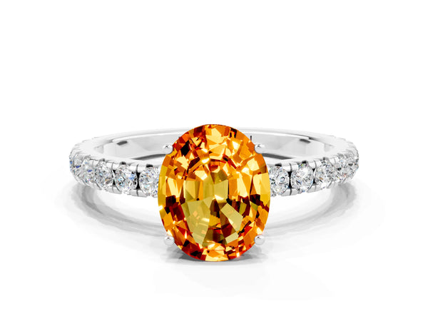 Silver Oval Cut Citrine Pavé Solitaire Engagement Ring with Four-Prong Setting