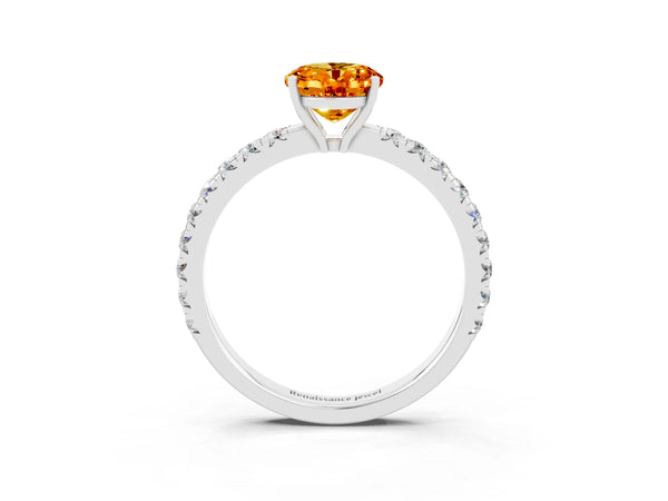 White gold Oval Cut Citrine Pavé Solitaire Engagement Ring with Four-Prong Setting