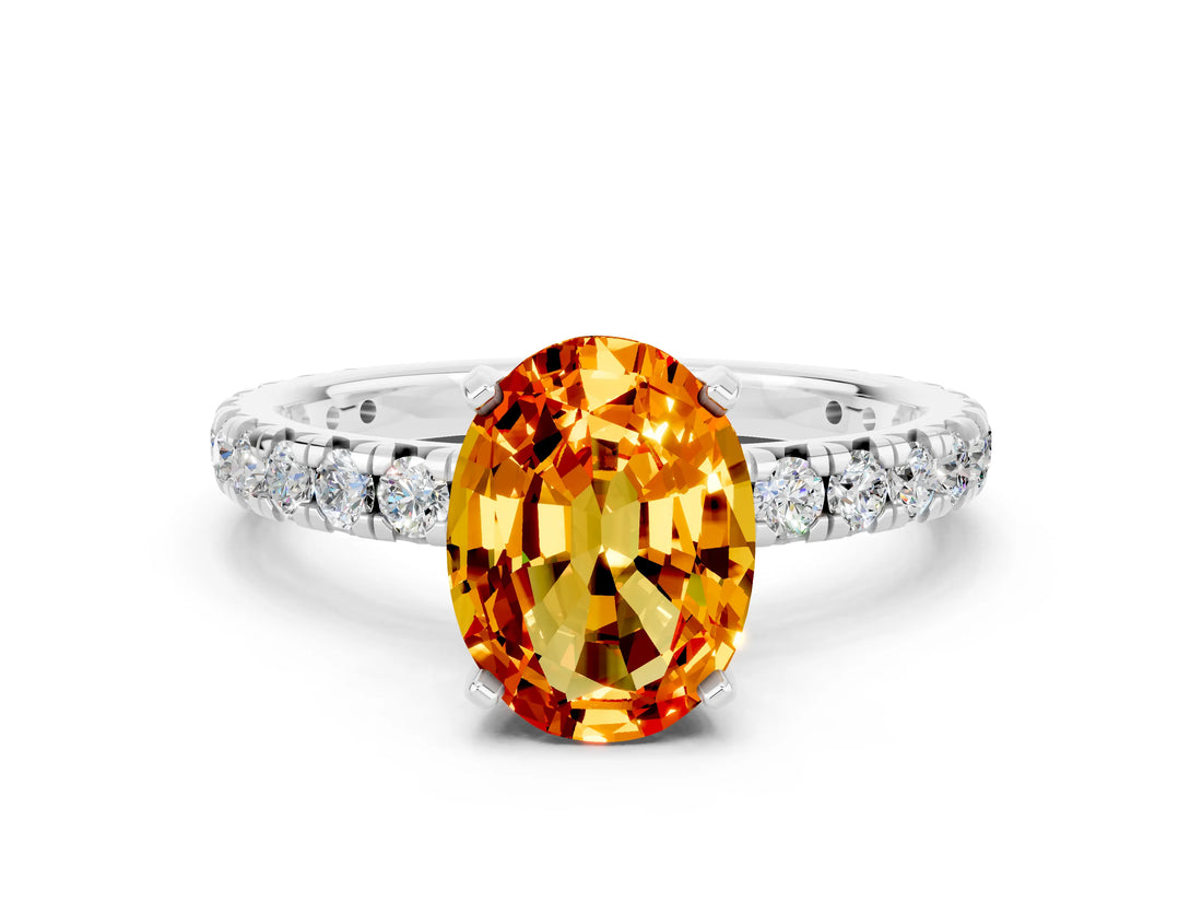 White gold Oval Cut Citrine Pavé Solitaire Ring with Round Band and Prong Setting_12