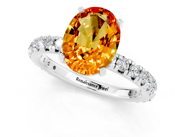 Platinum Oval Cut Citrine Pavé Solitaire Ring with Round Band and Prong Setting