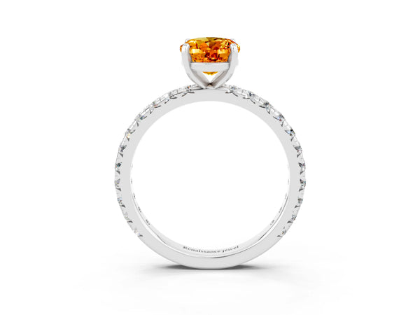Platinum Oval Cut Citrine Pavé Solitaire Ring with Round Band and Prong Setting