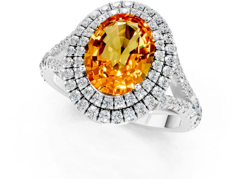 White gold Oval Cut Citrine Pavé Split Shank Double Halo Engagement Ring_1