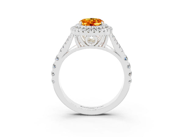 Platinum Oval Cut Citrine Pavé Split Shank Double Halo Engagement Ring