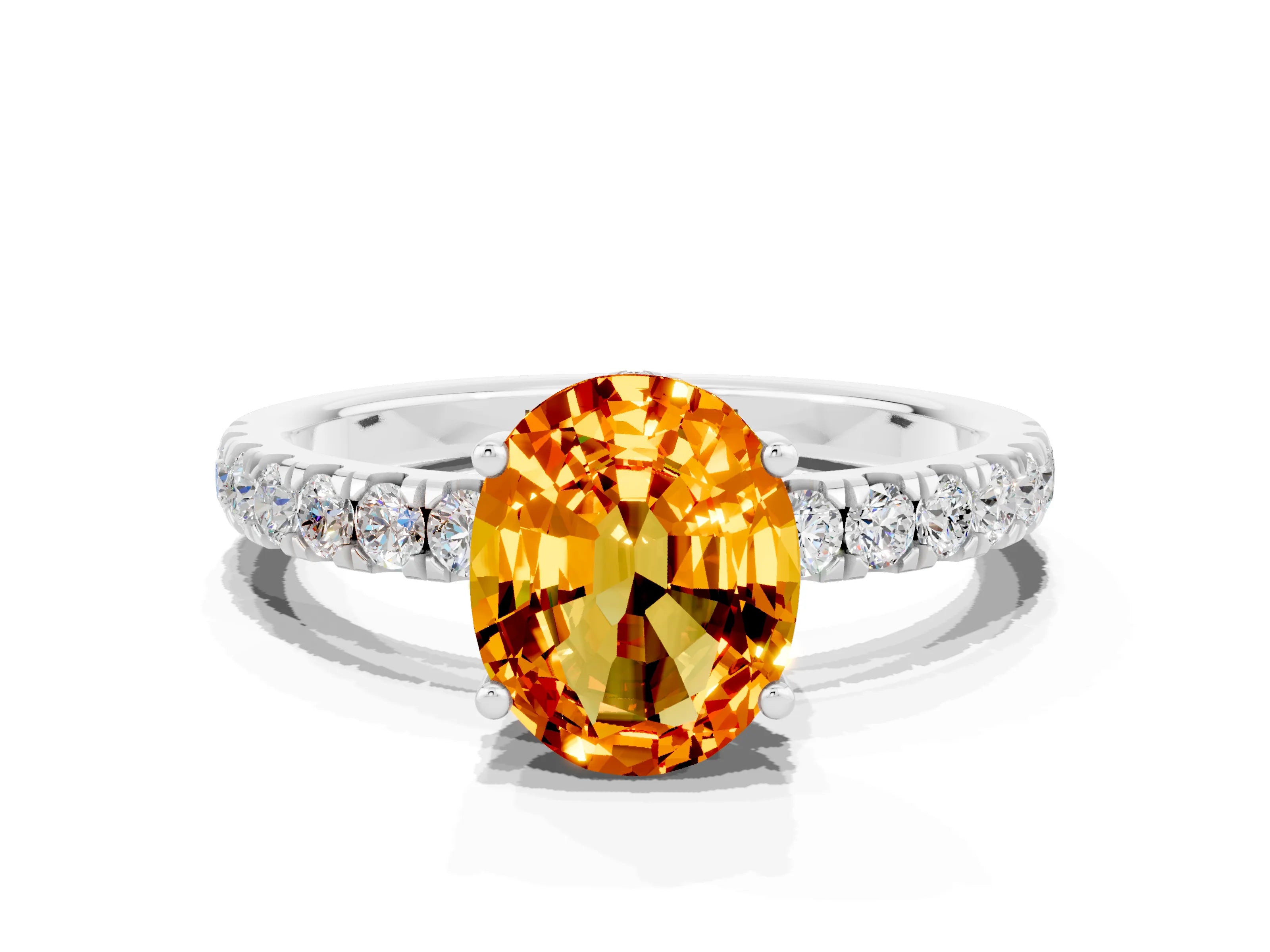 White gold Oval Cut Citrine Pave Band Solitaire Ring with Four-Prong Setting_24