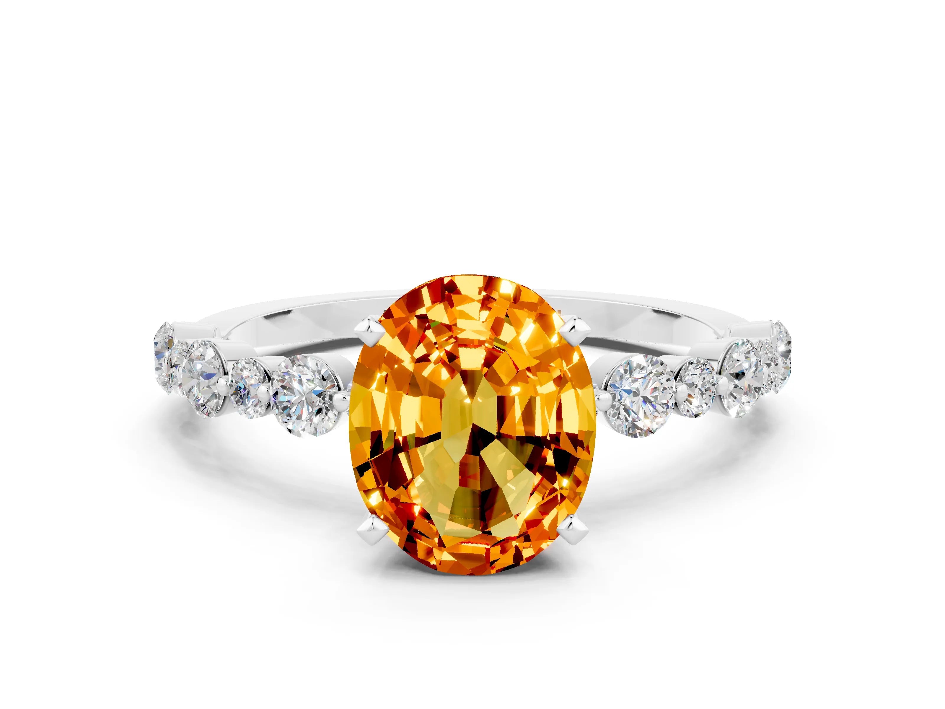 White gold Oval Cut Citrine Prong Set Engagement Ring with Pavé Band