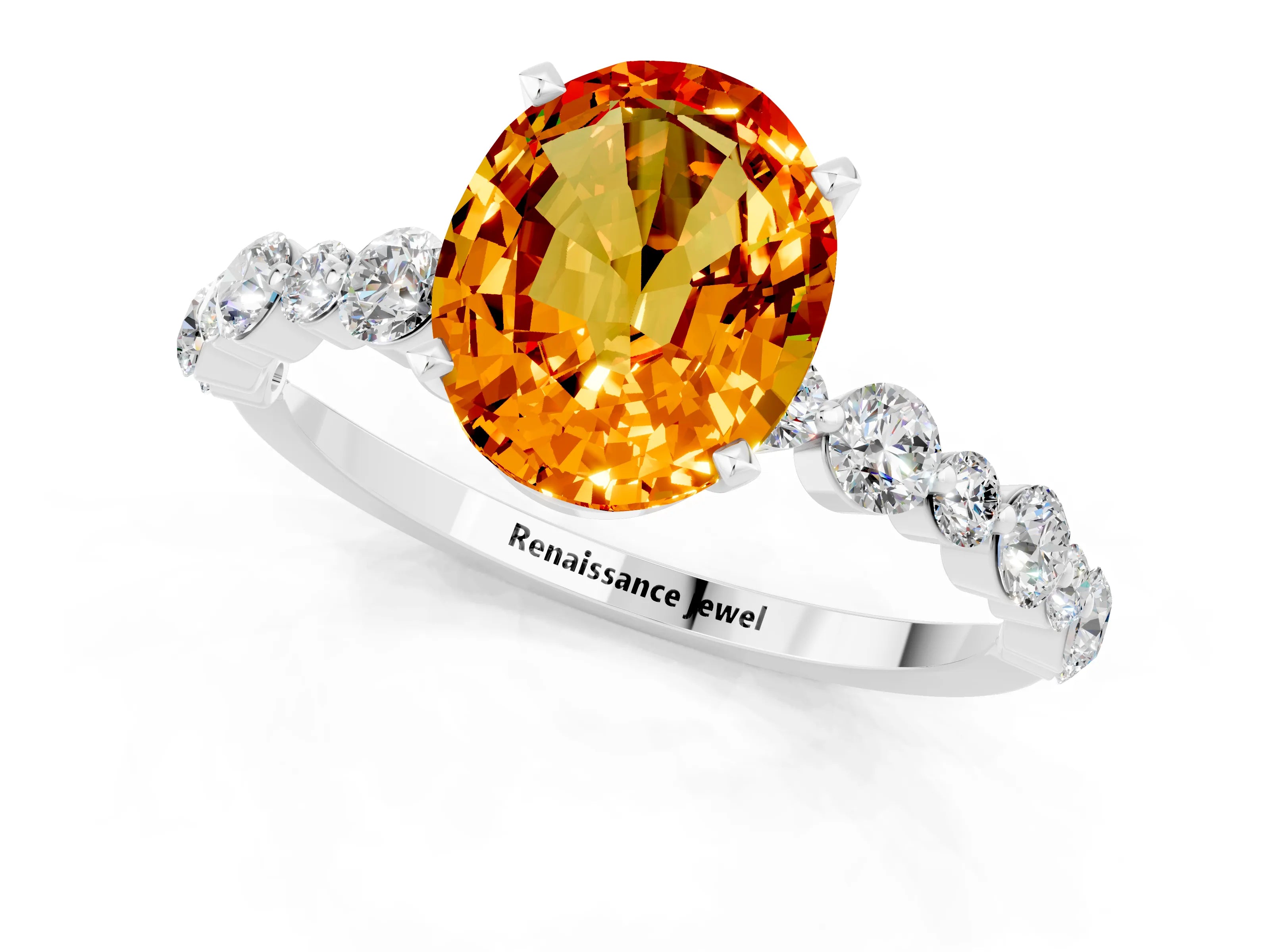 White gold Oval Cut Citrine Prong Set Engagement Ring with Pavé Band_1