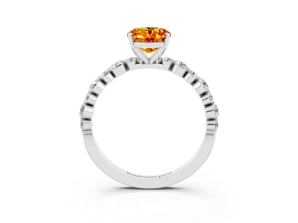 Platinum Oval Cut Citrine Prong Set Engagement Ring with Pavé Band