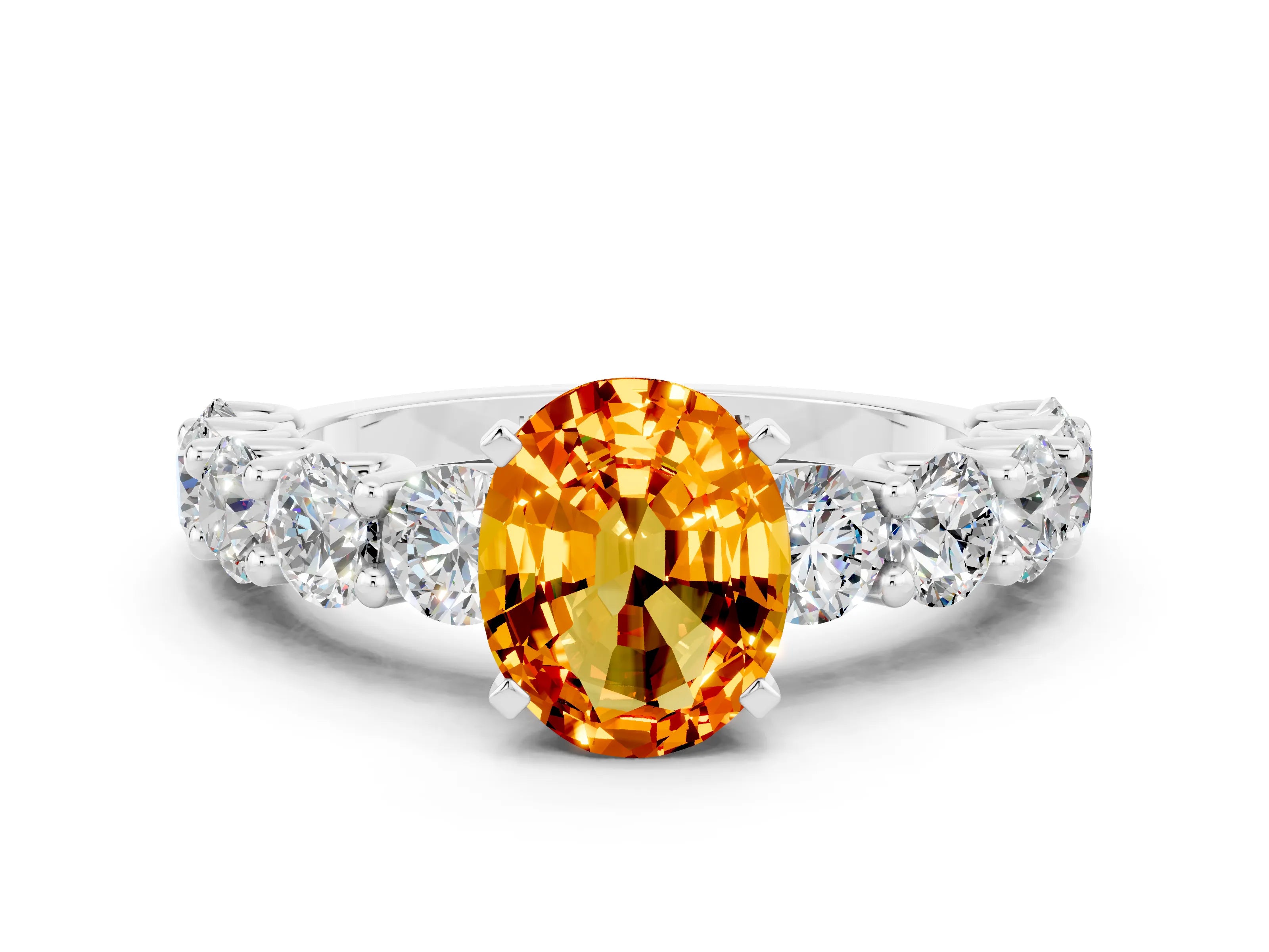 White gold Oval Cut Citrine Prong Setting with Side Stones on a Pave Band