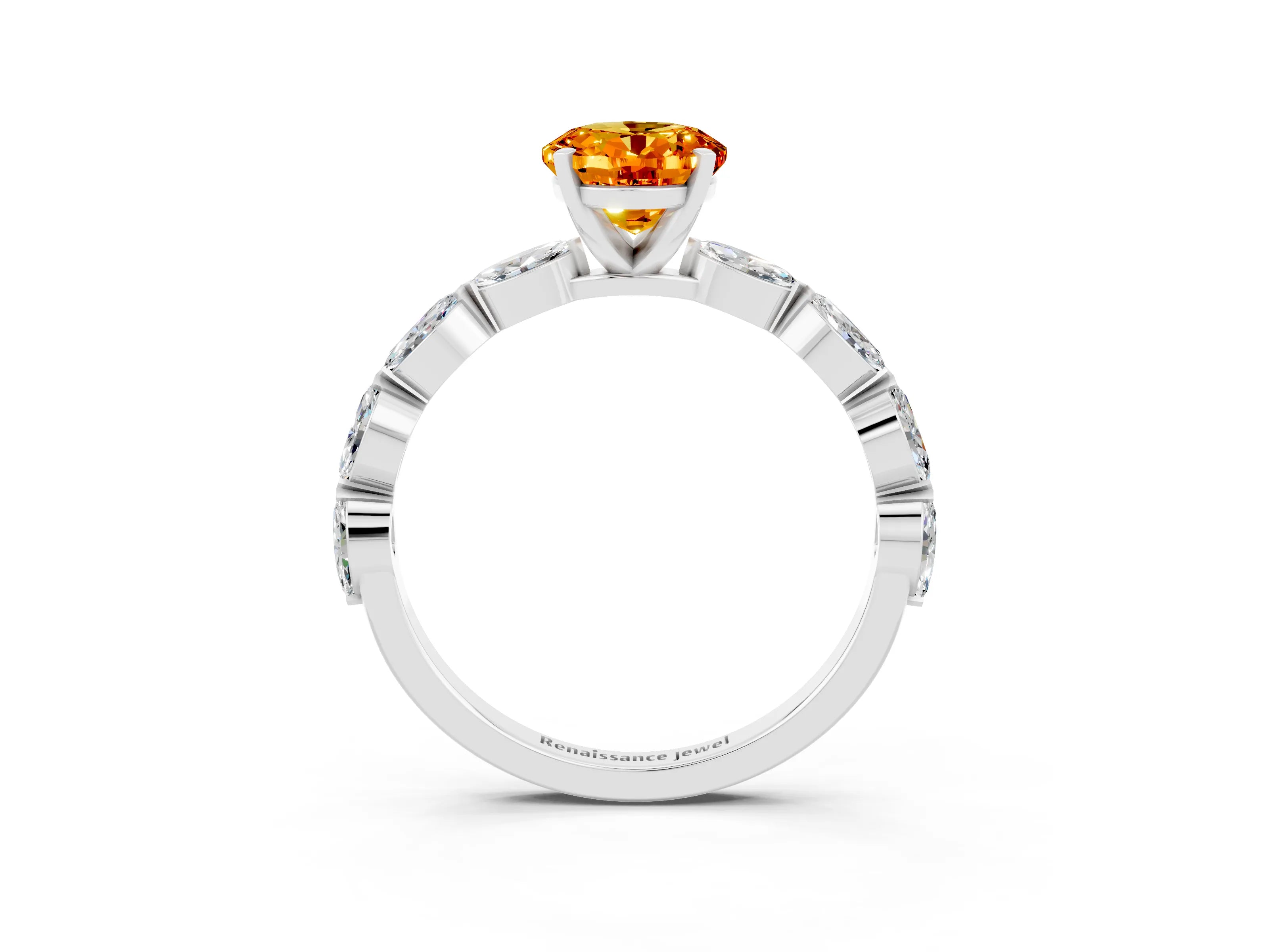 White gold Oval Cut Citrine Ring with Marquise Side Stones and Prong Setting_3