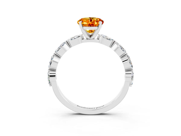 Silver Oval Cut Citrine Ring with Marquise Side Stones and Prong Setting