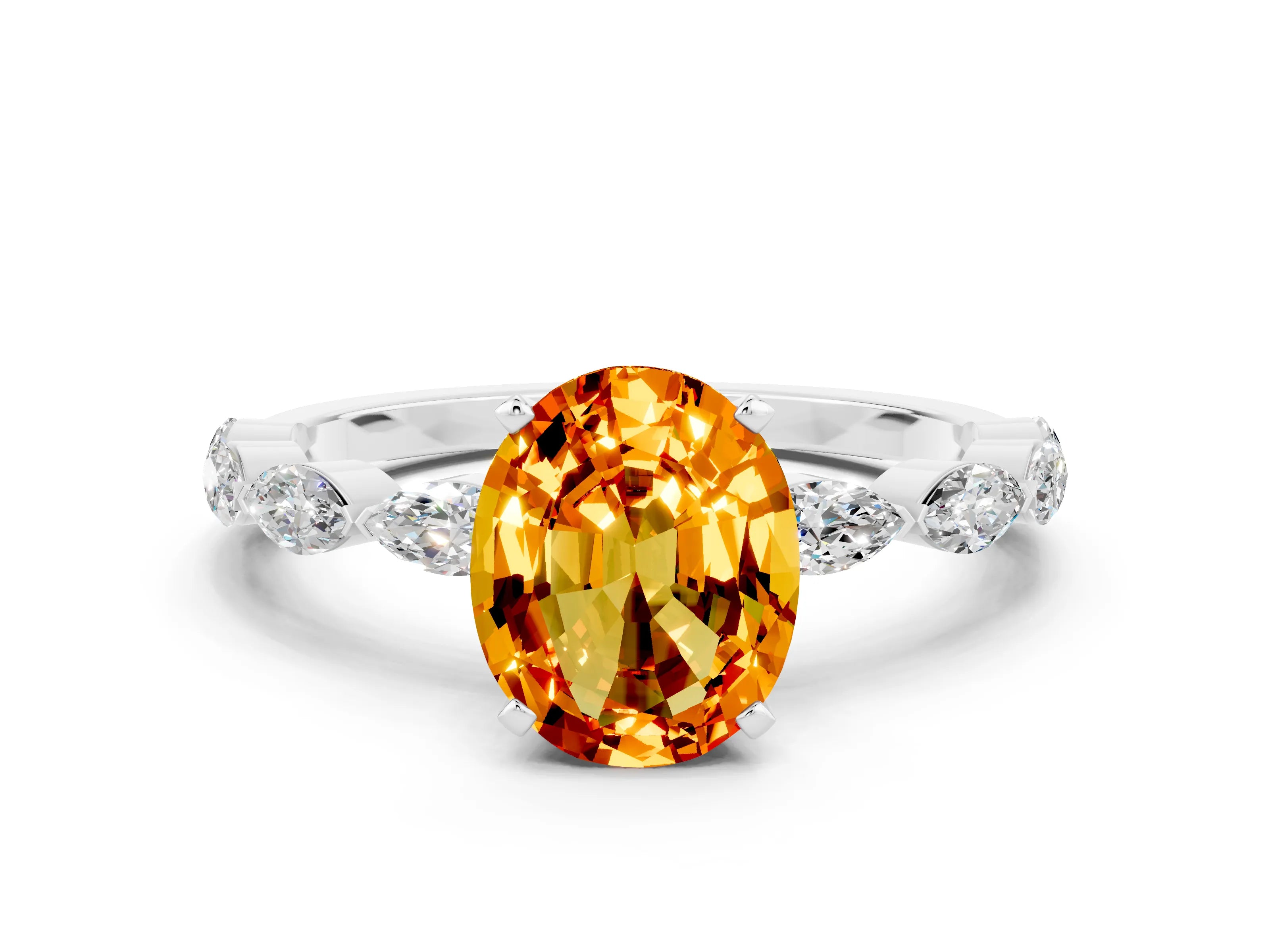 White gold Oval Cut Citrine Ring with Marquise Side Stones and Prong Setting