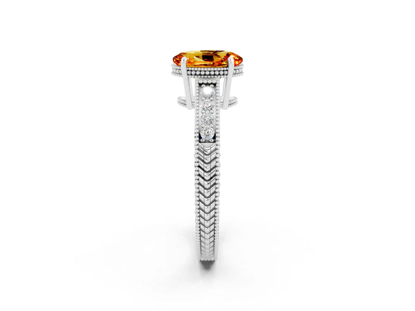 Silver Oval Cut Citrine Ring with Milgrain Pavé Band and Four-Prong Setting