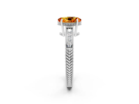 White gold Oval Cut Citrine Ring with Milgrain Pavé Band and Four-Prong Setting_14