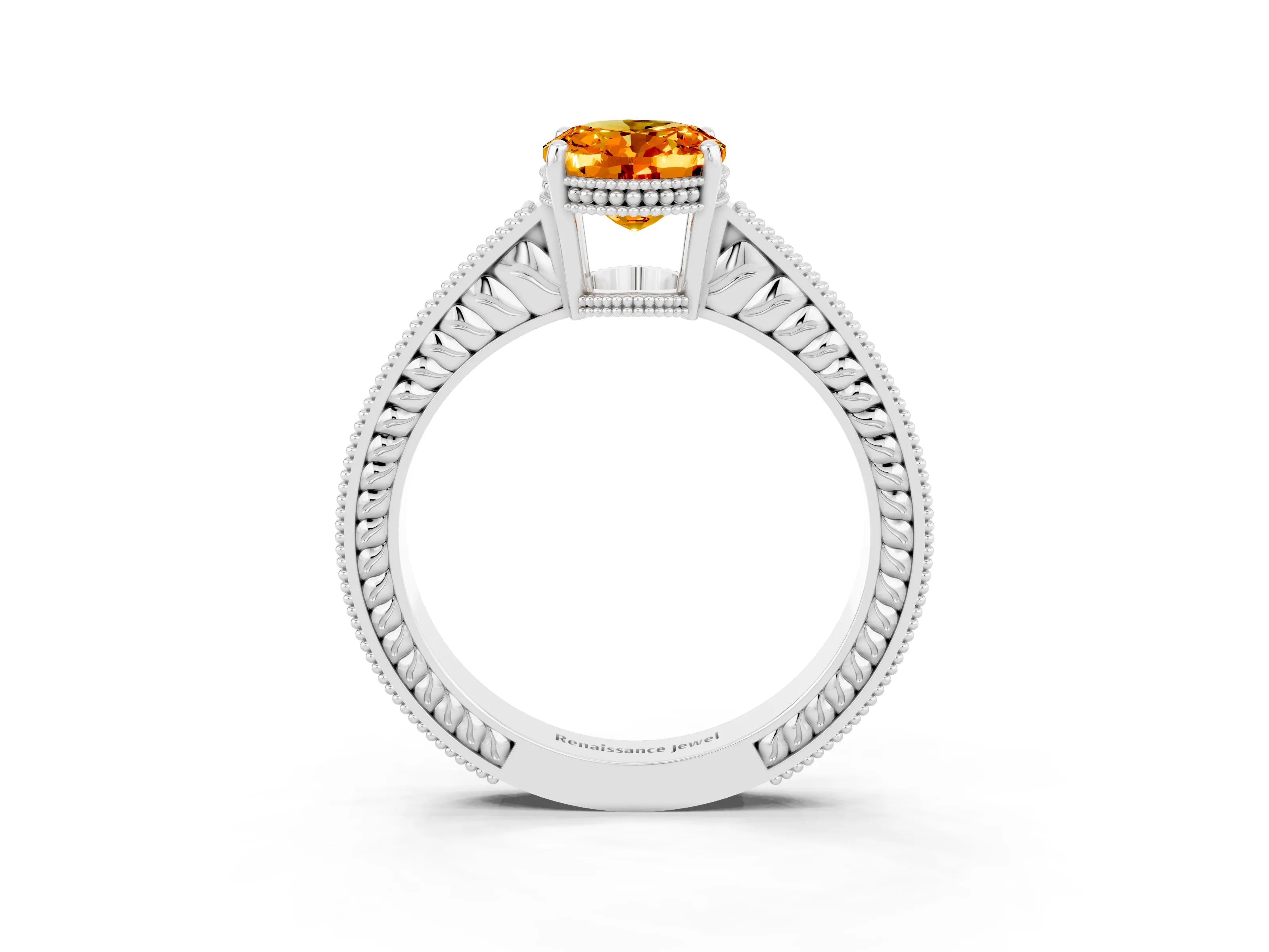 White gold Oval Cut Citrine Ring with Milgrain Pavé Band and Four-Prong Setting_15