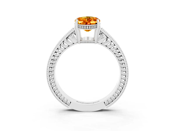 White gold Oval Cut Citrine Ring with Milgrain Pavé Band and Four-Prong Setting