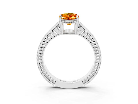 White gold Oval Cut Citrine Ring with Milgrain Pavé Band and Four-Prong Setting_15
