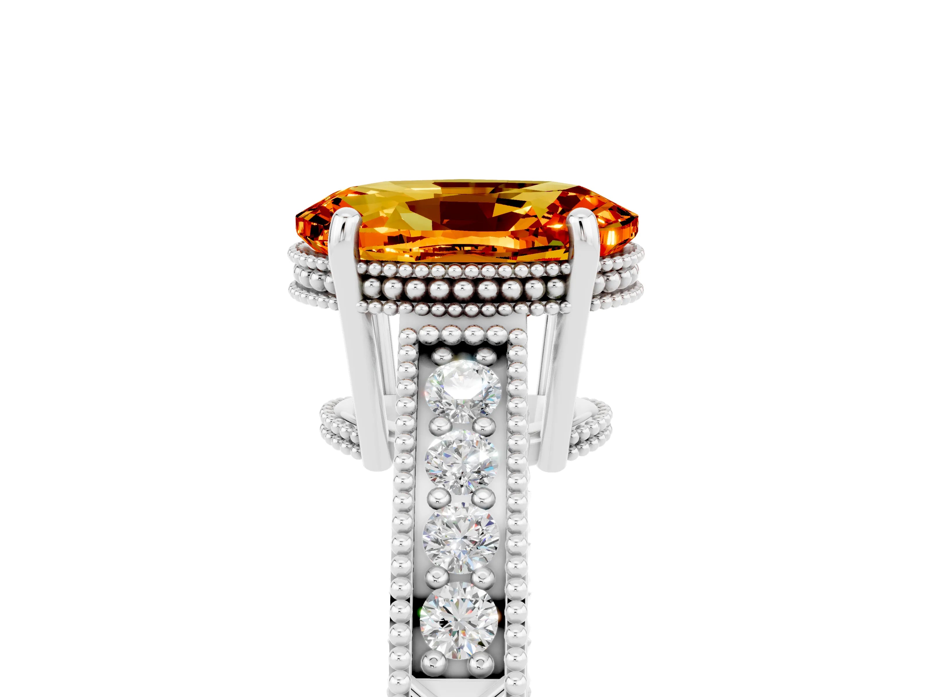 White gold Oval Cut Citrine Ring with Milgrain Pavé Band and Four-Prong Setting_17