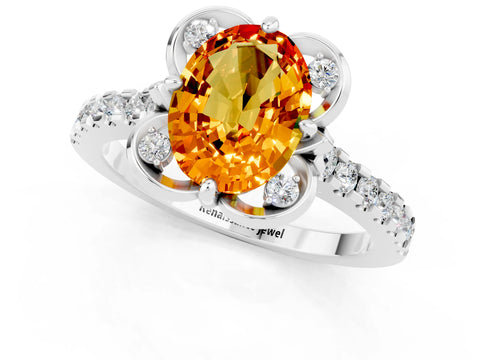 White gold Oval Cut Citrine Ring with Pavé Band and Floral Prong Setting_1