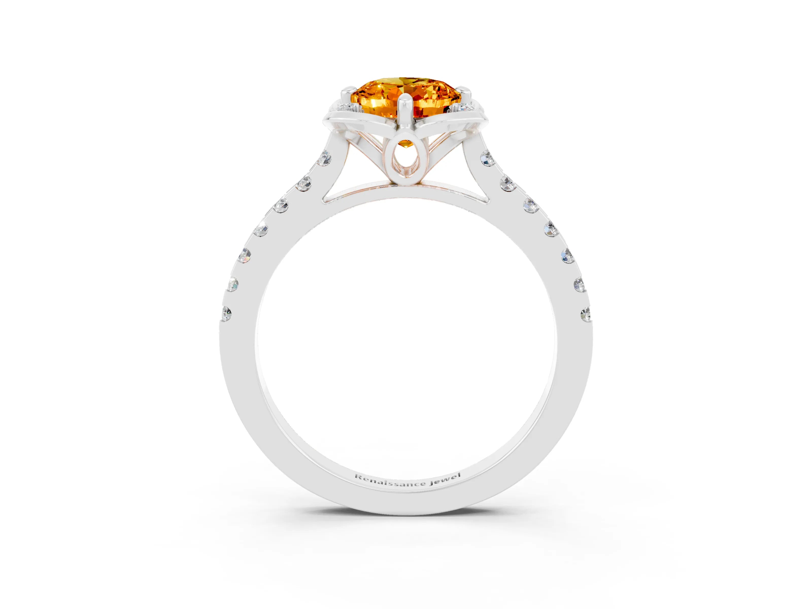 White gold Oval Cut Citrine Ring with Pavé Band and Floral Prong Setting_3