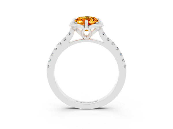 Silver Oval Cut Citrine Ring with Pavé Band and Floral Prong Setting