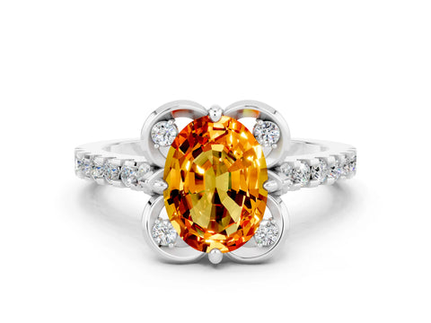 White gold Oval Cut Citrine Ring with Pavé Band and Floral Prong Setting