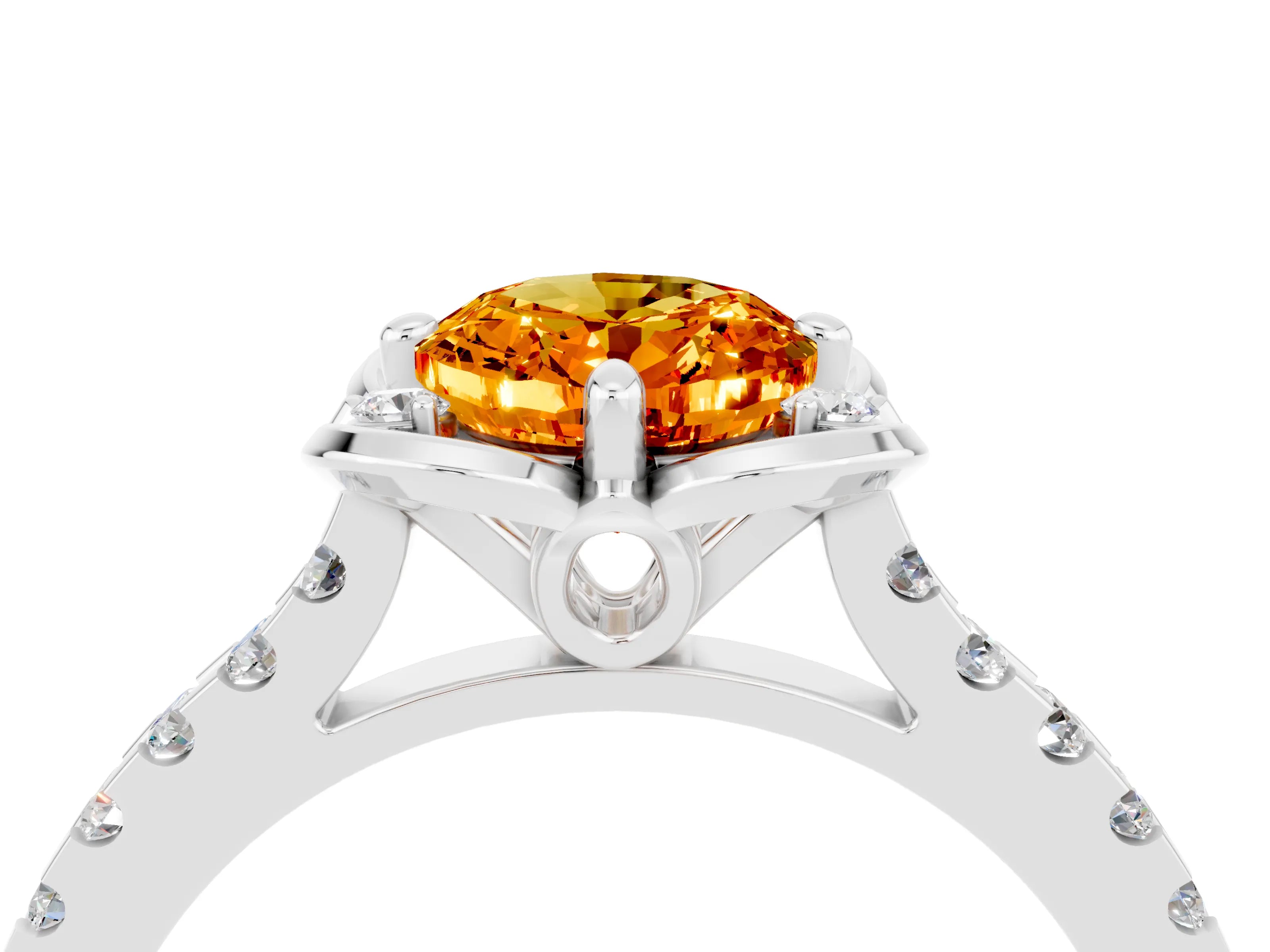 White gold Oval Cut Citrine Ring with Pavé Band and Floral Prong Setting_4