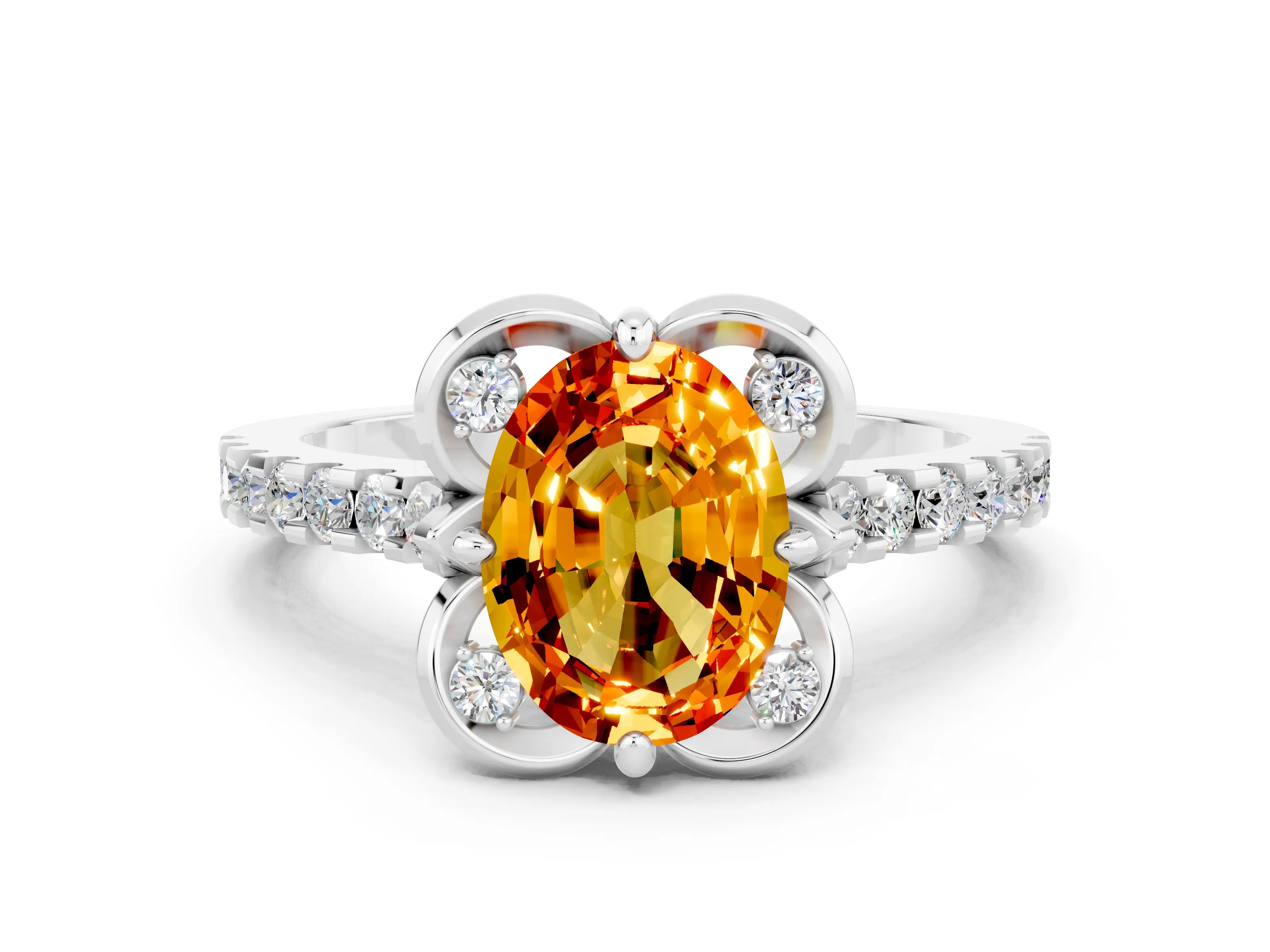 White gold Oval Cut Citrine Ring with Pavé Band and Floral Prong Setting